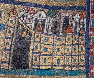 Taivaallisen Jerusalemin visio: yksityiskohta Jerusalemista, joka on esitetty linnoitettuna lainauksena. Mosaiikki noin 830. Santa Prasseden basilikan riemukaari, Rooma