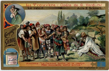 Näytös II kohtaus 1. Kuvitus Giuseppe Verdin (1813-1901) oopperalle "" Löytö"" (Il trovatore). Kromolitografia (Chromo) Liebig 1800-luvun lopulta.