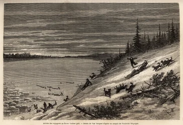 Matkustajien saapuminen koiravaljakoilla Yukon-joelle (äärimmäinen pohjois-Kanada) jäätyy täysin. Frederick Whymperin kaiverrus havainnollistamaan matkaa ja seikkailuja Englannin Kolumbiassa, Vancouver Islandissa ja Alaskassa