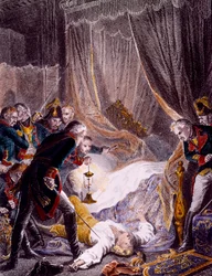 Venäjän tsaari Paavali I Petrovitšin (1754-1801) murha hänen huoneessaan Mikaelin palatsissa sen jälkeen, kun hänet oli pakotettu allekirjoittamaan kruunusta luopumisensa. Kaiverrus, noin 1801. Yksityiskokoelma