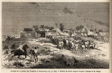 Kuningas Ahmadoun (Toucouleur) armeija hyökkäsi Sansandigiin, jonne paennut Bambara pakeni. Kaiverrus havainnollistamaan luutnantti (laivasto) M.Magen matkaa Länsi-Sudaniin vuosina 1863-1866, julkaistu "Le tour du monde, nouveau journal des voyages", u