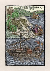 Christopher Columbuksen (1451-1506) haukku Hispaniolassa. Kaiverrus kirjasta "" De insulis in mare Indico super inventis", Bale 1493-1494 (Latinalainen käännös Kolumbuksen raportista Espanjan kuninkaalle).