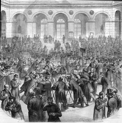 Vaihtoagenttien kori, Pariisin pörssissä vuonna 1865. Kaiverrus M.G.:n piirustuksen mukaan. Roux