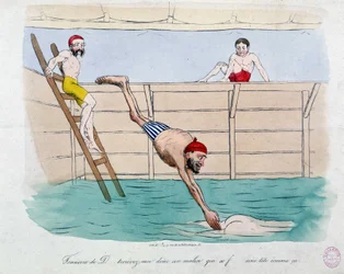 Kylpylä: karikatyyri julkisista kylpylöistä (uima-altaista) Pariisissa - 1800-luvulla, Carnavalet.