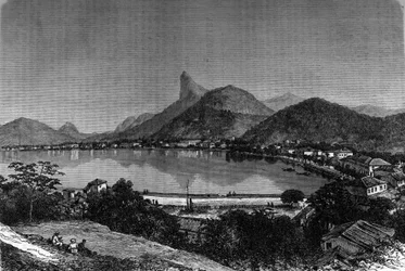 Rio de Janeiron lahti Brasiliassa. Taustalla "Sokerileipä". Kaiverrus "" Le Journal de la jeunesse""
