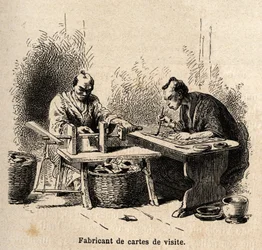 Käyntikorttien valmistaja. Kaiverrus havainnollistamaan matkaa Japaniin vuosina 1863-1864, Sveitsin valaliiton ministeri Aime Humbert, "Le tour du monde, nouveau journal des voyages", julkaistu Edouard Chartonin johdolla.