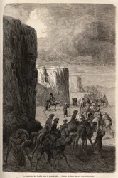 Hajien (muslimpeleriinien) karavaani Korantaghissa (Persia, Iran). Emile Bayardin (1837-1891) piirustus havainnollistamaan matkaa Keski-Aasiaan vuonna 1863, Arminius Vamberyn (unkarilainen tiedemies naamioitunut dervishiin). Kaiverrus "" Le tour du mond