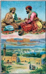 Matto ilahduttaa. Prinssi Ahmedin historia ja maksu Paris-Banou (Pari Banou) (Paribanu). Tarina 1001 yöstä (tarinat tuhannesta ja yhdestä yöstä). 1800-luvun lopun kromolitografia.