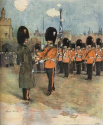 Vartijan vaihto Buckinghamin palatsissa Lontoossa vuonna 1893. Kuvitus: M.C. Morel. Bianchetti kokoelma.
