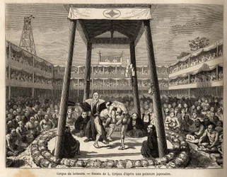 Taisteluvuoroaan odottavien painijoiden sirkus tapahtuu areenalla puuhäkin alla; ympärillä, joukko katsojia ja parempia seuraa taisteluita intohimoisesti. Kaiverrus havainnollistamaan matkaa Japaniin, ministeri Aime Humbert