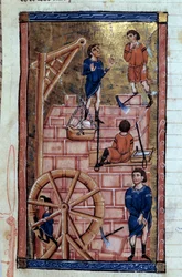 Baabelin tornin miniatyyri rakentaminen käsikirjoituksesta "Universal History"" noin 1200-luvulla. Dijonin kaupunginkirjasto