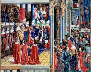Pyhän kuningas Ludvigin (Ludvig IX) (1214-1270) kruunaus 29/11/1226 Reimsin katedraalissa. Käsikirjoituksen "Monsignore Pyhän Ludvigin tekojen kirja" miniatyyri. 1400-luku. Pariisi, B.N.