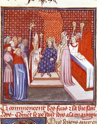 Pyhän Ludvigin (1214-1270) kruunajaiset vuonna 1226. Miniatyyri Jean Froissartin (1337-1400) teoksesta "Ranskan suuret kronikat", 1300-luku. Chantilly, Condé-museo