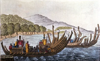Tyynenmeren polynesialaisten osasto kaksoisrunkoisten kanoottien kyydissä. Litografia 1800-luvun alusta