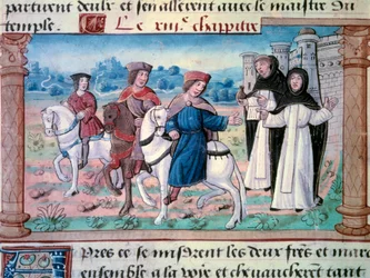 Veljesten Nicolo ja Matteo Polon, nuoren Marco Polon (1254-1324) isän ja sedän lähdöt nuoren miehen kanssa noin vuonna 1271. Pienoiskuva otettu kirjasta "" The Book of Wonders""" ("" Devisement du monde", "" Il Milione”) kirjoittanut Marco Polo (1254-1324)