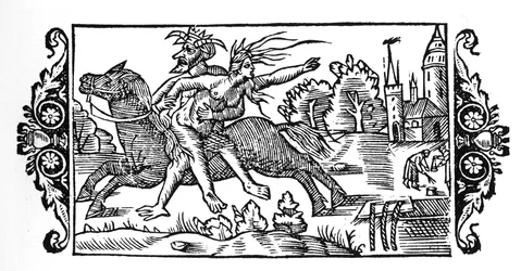 Paholainen kantoi noitaa - Olaus Magnuksen "Pohjoisten kansojen historiassa", Rooma 1555