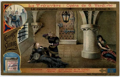 Katastrofinäytös IV kohtaus 4. Kuvitus Giuseppe Verdin (1813-1901) oopperaan "" Löytö"" (Il trovatore). Kromolitografia (Chromo) Liebig 1800-luvun lopulta.