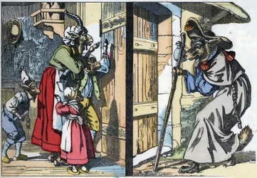 Naamiaissusi koputtaa talon oveen vuohen ja bikettien kanssa. Kuva tarinasta "Compere le Loup, Maitre Renard, Comere la Chevre et ses petits biquets" Jean de la Fontainen tarun mukaan. Kirjassa "" Tales from the home for the litt