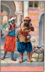 Ovi faksi. Merimies Sinbad (Sindbad) upeat seikkailut. Suosittu tarina 1001 yöstä (tuhat ja yksi yö). 1800-luvun lopun kromolitografia.