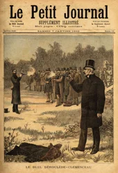 Kaksintaistelu pistoolilla (kielletty Ranskassa vuodesta 1626) varajäsenten Paul Derouleden (1846-1914) ja Georges Clemenceaun (1841-1929) välillä, ei haittaa. Kaiverrus "" Le petit Journal" -lehdessä 7/01/1893. Selvan kokoelma.