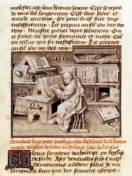 Kirkollinen, kirjailija ja kääntäjä Jean Mielot (kuoli 1472) edustaa työskentelyä toimistossaan Sivu 1400-luvun käsikirjoituksesta. Paris, B.N.