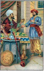Lumottu omena. Prinssi Ahmedin historia ja maksu Paris-Banou (Pari Banou) (Paribanu). Tarina 1001 yöstä (tarinat tuhannesta ja yhdestä yöstä). 1800-luvun lopun kromolitografia.