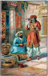 Lumoava putki. Prinssi Ahmedin historia ja maksu Paris-Banou (Pari Banou) (Paribanu). Tarina 1001 yöstä (tarinat tuhannesta ja yhdestä yöstä). 1800-luvun lopun kromolitografia.