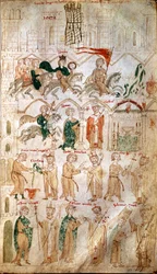 Pyhän saksalais-roomalaisen keisarikunnan Henrik VI:n (1165-1197) saapuminen Roomaan ja hänen kruunaamisensa keisariksi 14/04/1191 paavi Celestinus III:n toimesta. Sivu Pietro da Ebolin (Peter Ebolilainen) teoksesta ”Liber ad honorem Augusti” - (koodeksi