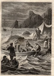 Nicolas Baudinin (1754-1803) tutkimusmatka eteläisille maille (1800-1803): keripukkisairaita kuljetettiin maihin Bay of Adventuressa (Tasmania, Australia) - kuva otettu teoksesta "1700-luvun suuret merenkulkijat" ”
