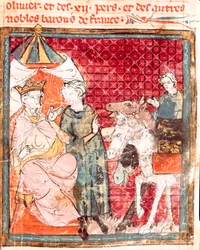 Ritari Rolandin jäähyväiset hänen sedänsä Kaarle Suurelle (742-814) Miniatyyri "" Grandes Chronicles de Francesta"" 1375-1379 kaupunginkirjasto, Castres