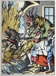 Vuohi tappaa suden savupiippuun. Kuva tarinasta "Compere le Loup, Maitre Renard, Comere la Chevre et ses petits biquets" Jean de la Fontainen tarun mukaan. "" Tarinoita kodista pienimmille"". Anonyymi kaiverrus 19t