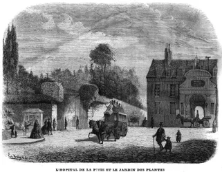 Pitie salpetrieren sairaala (PITIE-SALPETRIERE) ja kasvipuutarha Pariisissa vuonna 1858.