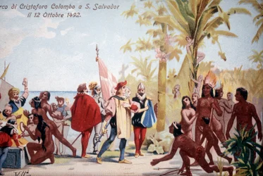 Christopher Kolumbuksen maihinnousu San Salvadorissa (Bahamasaaret) 10.12.1492. kromolitografia 1800-luvulla.