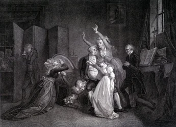 Louis XVI:n viimeinen haastattelu perheensä kanssa (Marie Antoinette ja Louis XVII). Kaiverrus 1800-luvulta.