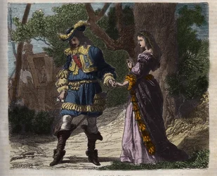 Marie Mancinin (1639-1715) viimeinen haastattelu Ludvig XIV:n (1638-1715) kanssa ennen hänen lähtöään hovista Brouageen 22. kesäkuuta 1659, kardinaali Mazarinin järjestämä maanpako pitääkseen hänet poissa kuninkaasta - Kuvassa "Bikon vikontti
