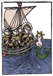 Legenda Saint Brendanista (Brandan), sankareista ja irlantilaisesta 6. vuosisadan pyhimyksestä. Saint Brendanin tapaaminen Sirenen kanssa. Kaiverrus "" Die Wunderbare Meerfahrt des Hl. Brandan." Paali