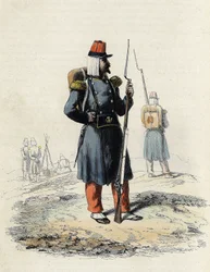 Ranskan armeijan kevyt jalkaväki Algerin retkikunnan aikana vuonna 1830, Leon Galibertin teoksessa "" L