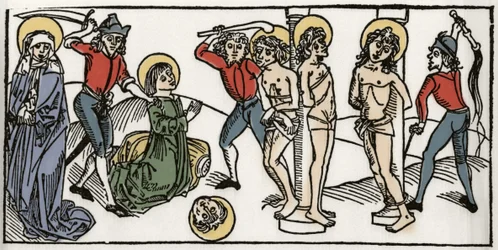 Pyhän Feliciten ja hänen seitsemän Rooman poikansa marttyyrikuolema Kaiverrus "Leben der Heiligen - sommerteil" (Pyhän kirjasta) Jacobus (James) Voraginesta (1228-1298). Lyypekki 1488.