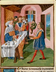 Sisilian kuninkaan Agathokleen ateria. Miniatyyri Jacques Legrandin (1360-1415/1418) teoksesta ”Hyvien tapojen kirja”, omistettu Juhanalle, Berryn herttualle