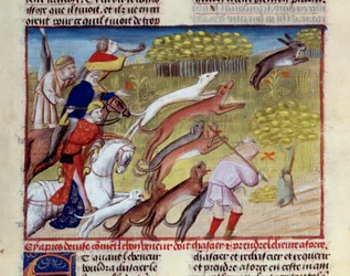 Pienoisjänismetsästys kirjasta "Metsästyksen kirja", jonka on kirjoittanut Gaston III Phoebus, Foixin kreivi, Bearnin herra (1331-1391)