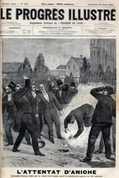 Murhaaja Clement Decoux joutuu Emile Vuilleminiin (1822-?), Anichen kaivosten johtajaan, kohdistamansa hyökkäysyrityksen uhriksi tämän juhliessa 4. elokuuta 1895 viidettäkymmenettä vuosipäiväänsä hiilentuotannon johdossa - kaiverrus julkaisussa ”Le