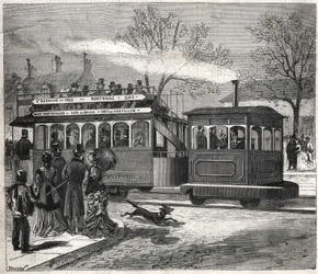 Pariisin uudet höyryraitiovaunut vuonna 1876 liikennöivät Saint - Germain - des - Prés -linjalla Chatillonin ovella, kaiverrus Bianchetti-kokoelma.