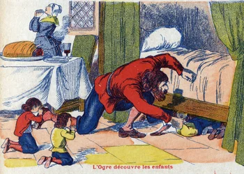Ogre löytää lapset. Kuvitus "" Le Pepetit poucet" -kirjaan, ranskalaisen kirjailijan Charles Perrault