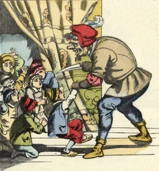 Ogre ottaa lapsen aikeensa niellä hänet. Kuvitus Charles Perraultin tarinasta "" Le Pepetit Poucet".