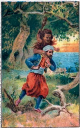 Meren vanha mies. Merimies Sinbad (Sindbad) upeat seikkailut. Suosittu tarina 1001 yöstä (tuhat ja yksi yö). 1800-luvun lopun kromolitografia.