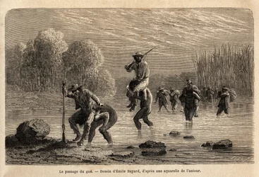 Gue, Siriniris-intiaanit, ehdottavat spontaanisti kantavansa retkikunnan jäseniä saadakseen heidät ylittämään Basiri-vuoren (Peru) juurelle muodostuneet lammet. Kaiverrus kaataa illustrrer le voyage dans les vall