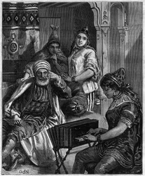 Tunisian väestö 1800-luvulla - lauantai-ilta juutalaisperheessä Tunisiassa - Castellin kaiverrus ”” journal des voyages””” 1884