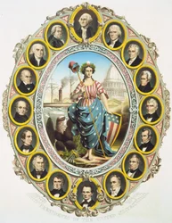 Yhdysvaltain presidentit, joiden keskellä on Amerikan symboli. Ylös, Washington ja alas Abraham Lincoln. Juliste julkaistiin Lincolnin presidenttikauden avajaisissa vuonna 1861. Kaiverrus 1861.