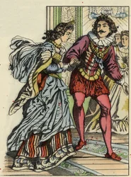 Prinssi kutsuu Cinderellan tanssimaan. Kuvitus Charles Perraultin tarinasta "Cinderella or La petite slipper de verre"