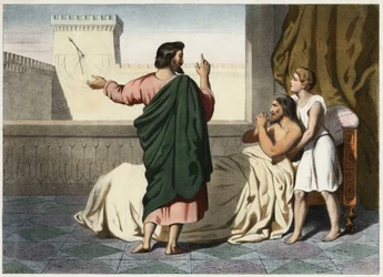 Profeetta Jesaja (tai Isaias) ilmoittaa Hiskialle tämän parantumisesta: merkkinä on kellon varjon siirtyminen kymmenen astetta taaksepäin Ahasin (Achas) kellotaululla. Nimetön kaiverrus 1800-luvun puolivälistä.